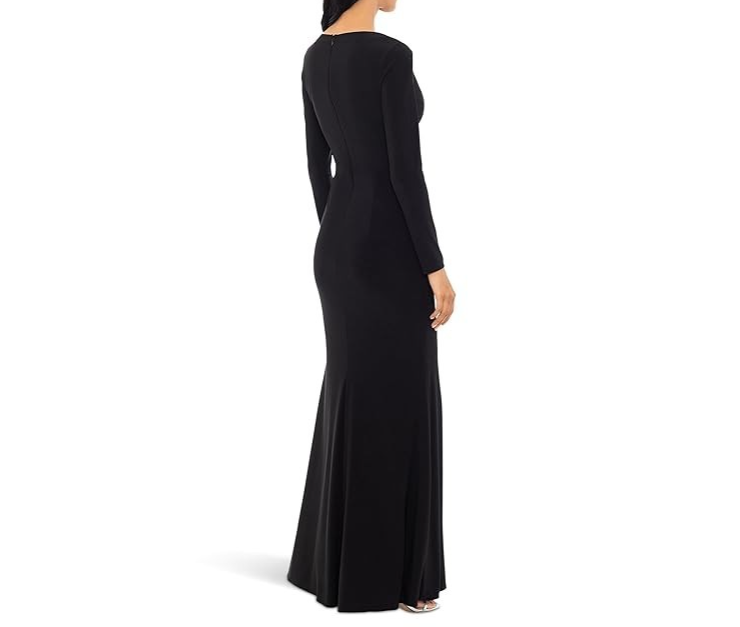 XSCAPE Women's Long-Sleeve Draped Contrast-Slit Dress MSRP $239