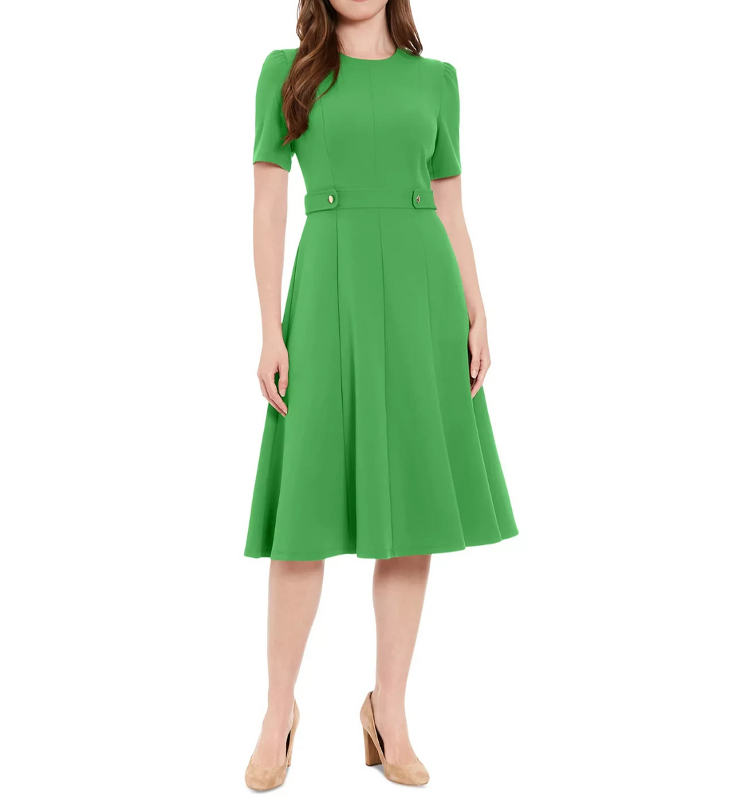 London Times Women's Puff-Sleeve Tab-Detail Fit & Flare Dress MSRP $99