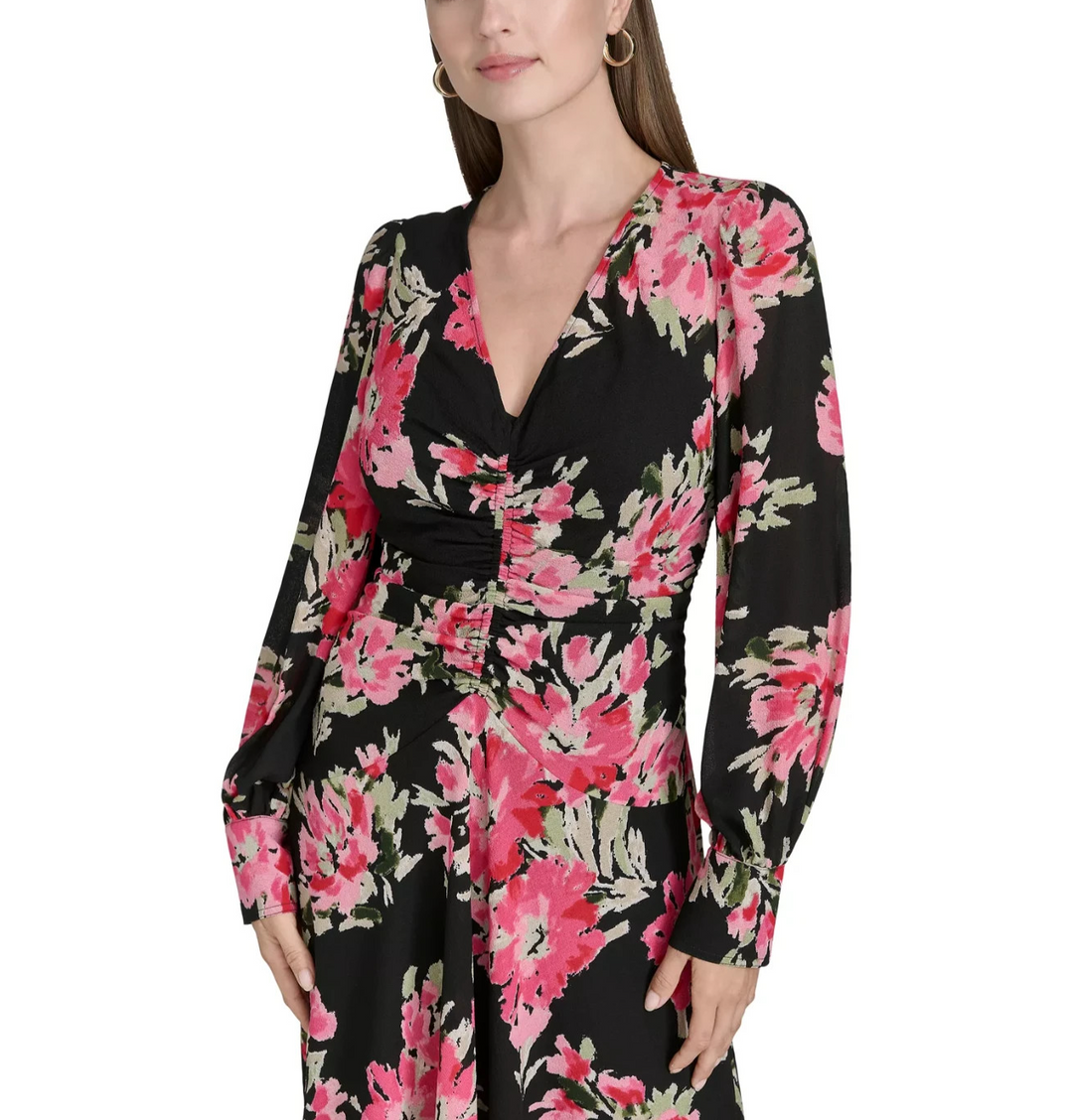 Halston Women's Floral-Print Ruched Fit & Flare Dress MSRP $139