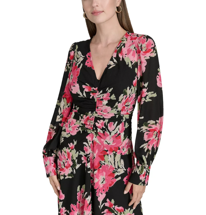 Halston Women's Floral-Print Ruched Fit & Flare Dress MSRP $139