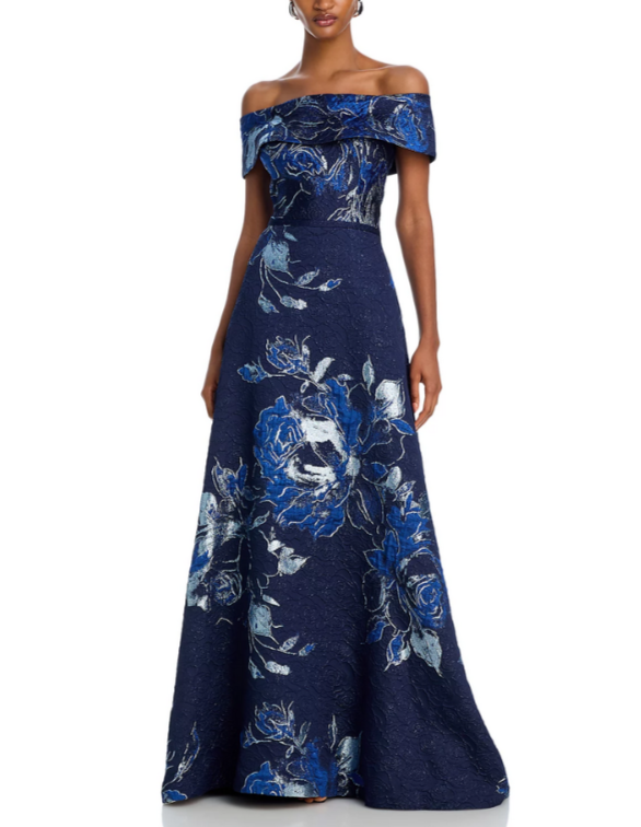 Teri Jon by Rickie Freeman Off-the-Shoulder Metallic Floral Jacquard Gown $880