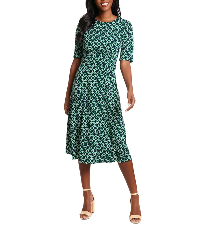 London Times Women's Printed Elbow-Sleeve A-Line Dress MSRP $89