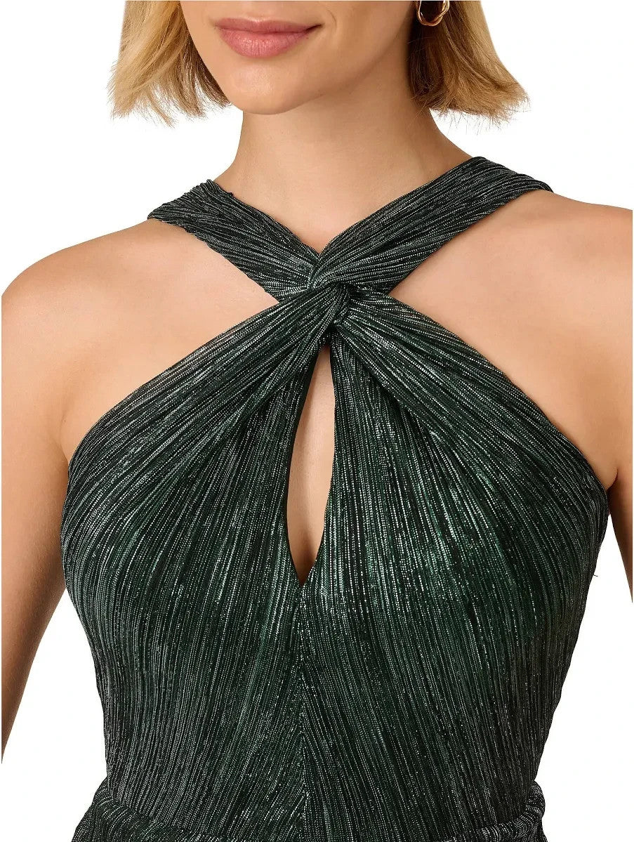 Adrianna Papell Women's Crinkle Metallic Halter Midi Dress MSRP $179
