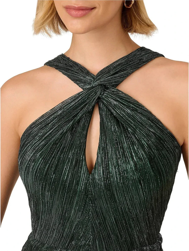 Adrianna Papell Women's Crinkle Metallic Halter Midi Dress MSRP $179
