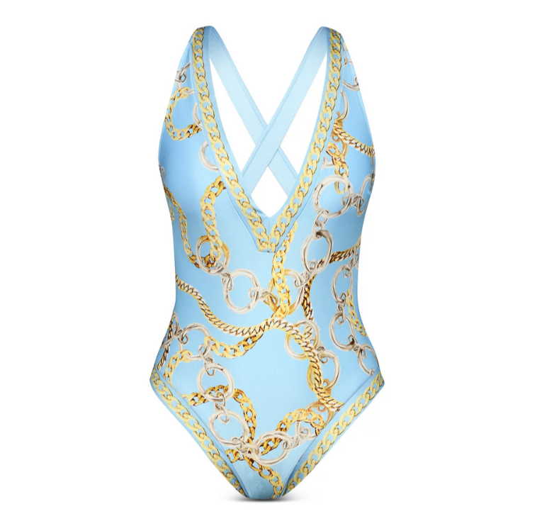 L'AGENCE Lisa Chain Print Plunge Neck One Piece Swimsuit MSRP $245