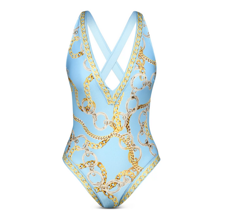 L'AGENCE Lisa Chain Print Plunge Neck One Piece Swimsuit MSRP $245