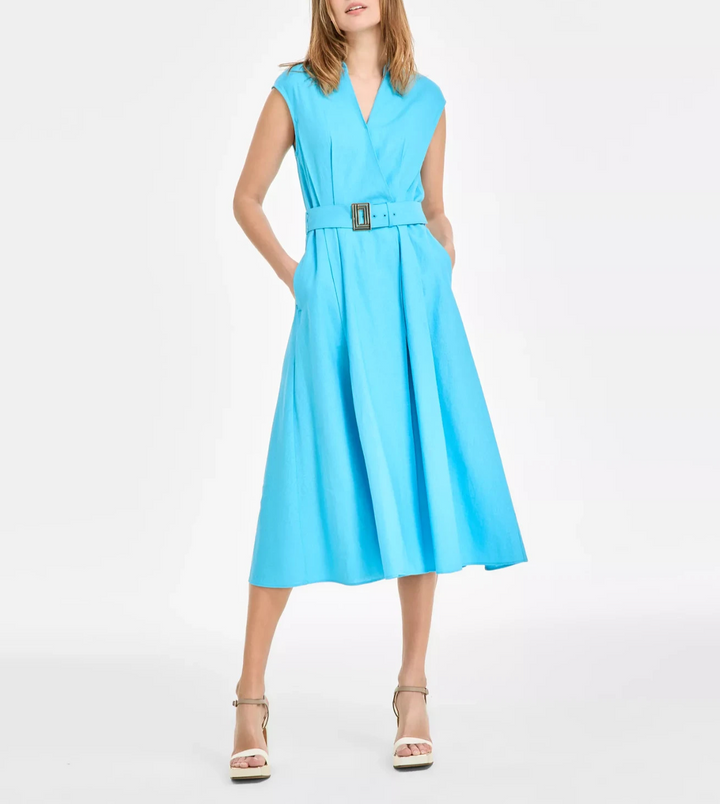 KARL LAGERFELD PARIS Women's Belted V-Neck Midi Dress MSRP $168