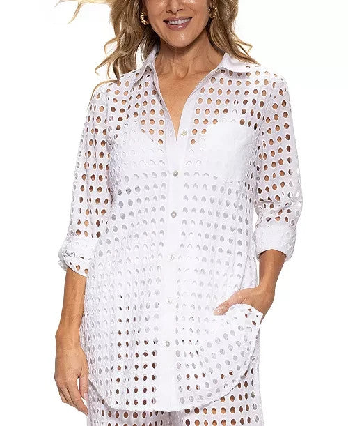 Dotti Openwork Dot Cover-Up Beach Shirt MSRP $68