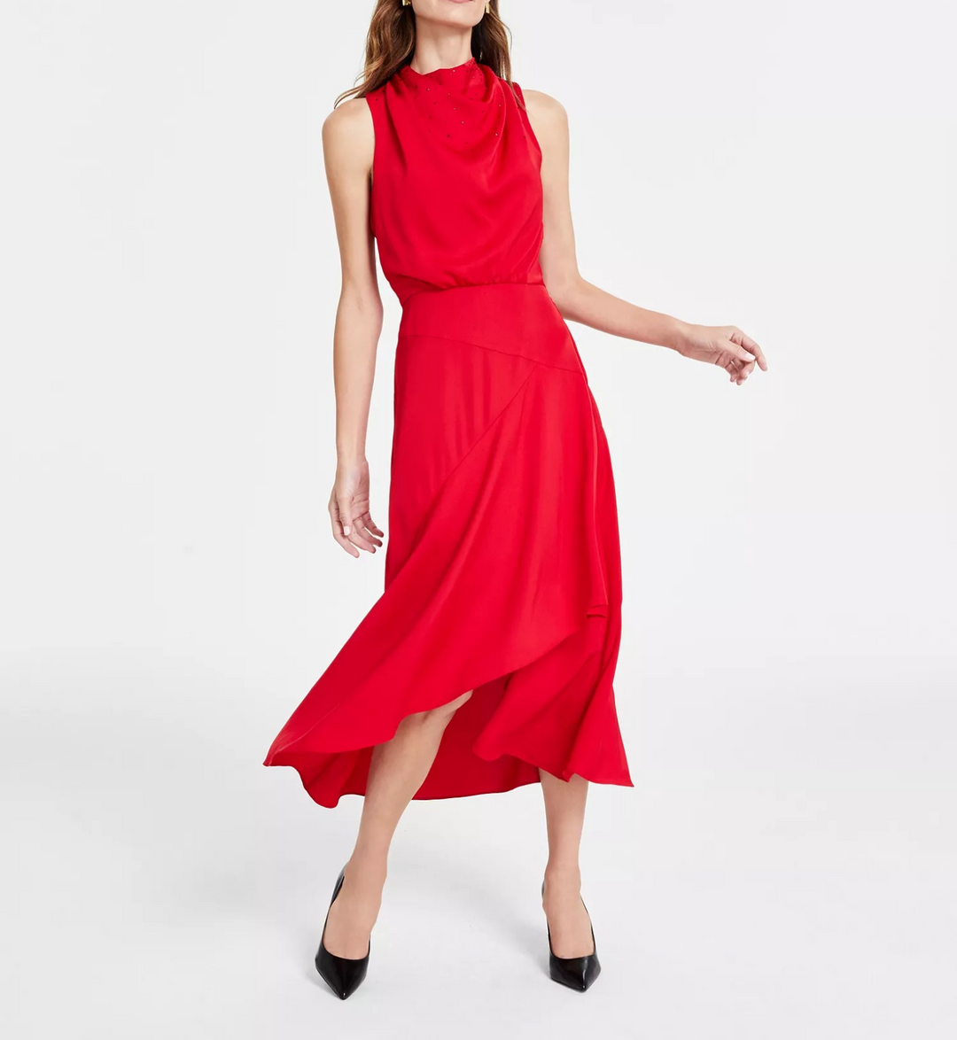 KARL LAGERFELD PARIS Women's Satin Embellished Mock Neck Dress MSRP $158