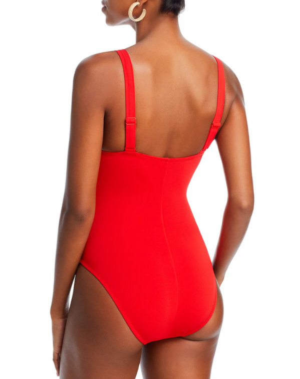 Robin Piccone Ava Plunge Neck Tie-Front One Piece Swimsuit MSRP $178