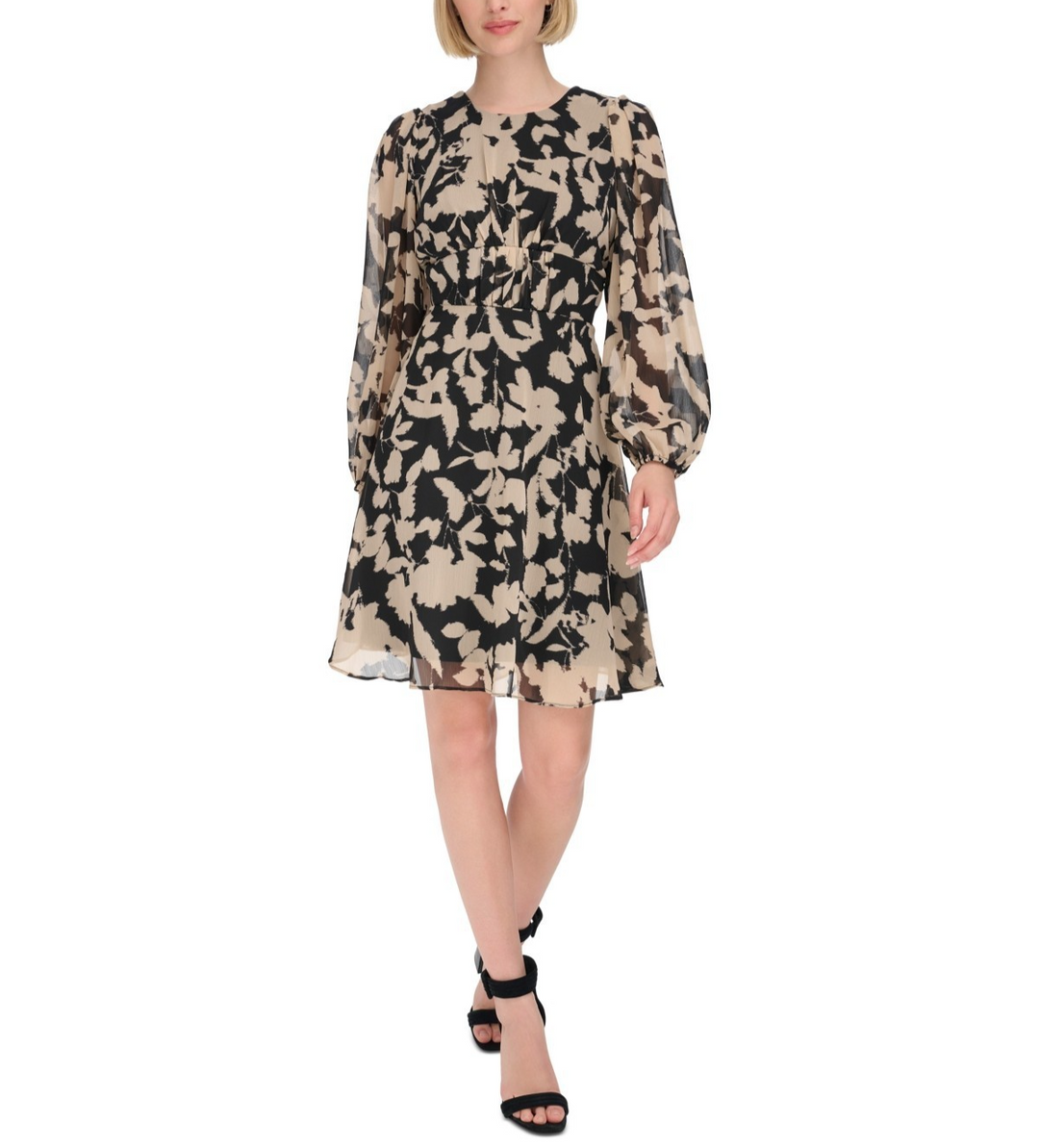 Calvin Klein Printed Jewel-Neck Long-Sleeve Dress MSRP $ 134