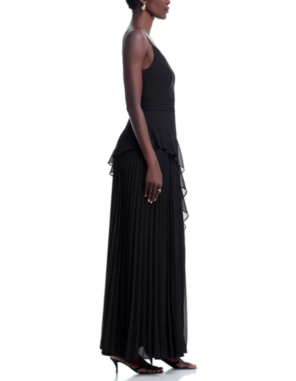 AQUA Long Chiffon Pleated Dress MSRP $278