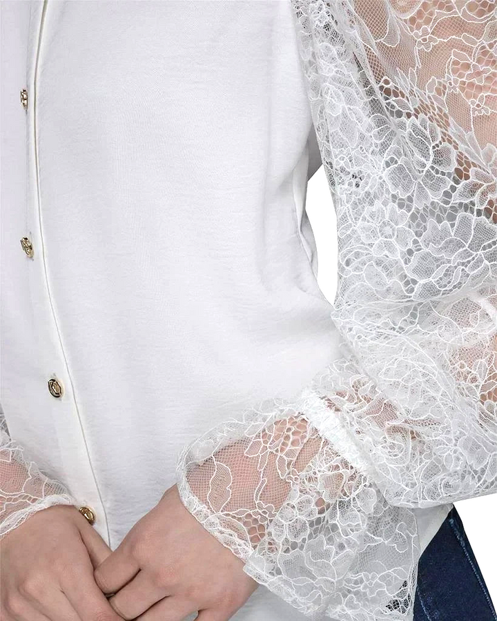 KARL LAGERFELD PARIS Lace Sleeve Button Up Blouse MSRP $109