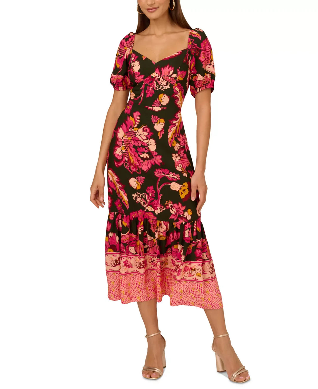 Adrianna by Adrianna Papell Floral-Print Puffed-Sleeve Dress MSRP $149