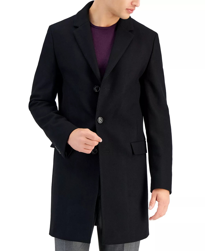 HUGO by Hugo Boss Men's Slim-Fit Wool Classic Black Overcoat MSRP $445