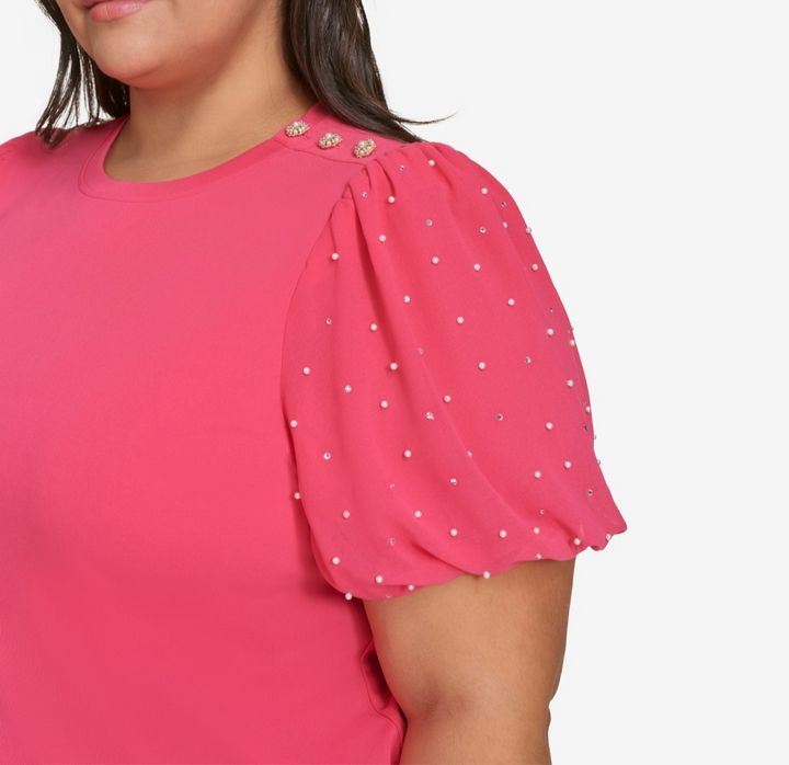 KARL LAGERFELD PARIS Plus Size Embellished Puff-Sleeve T-Shirt MSRP $99