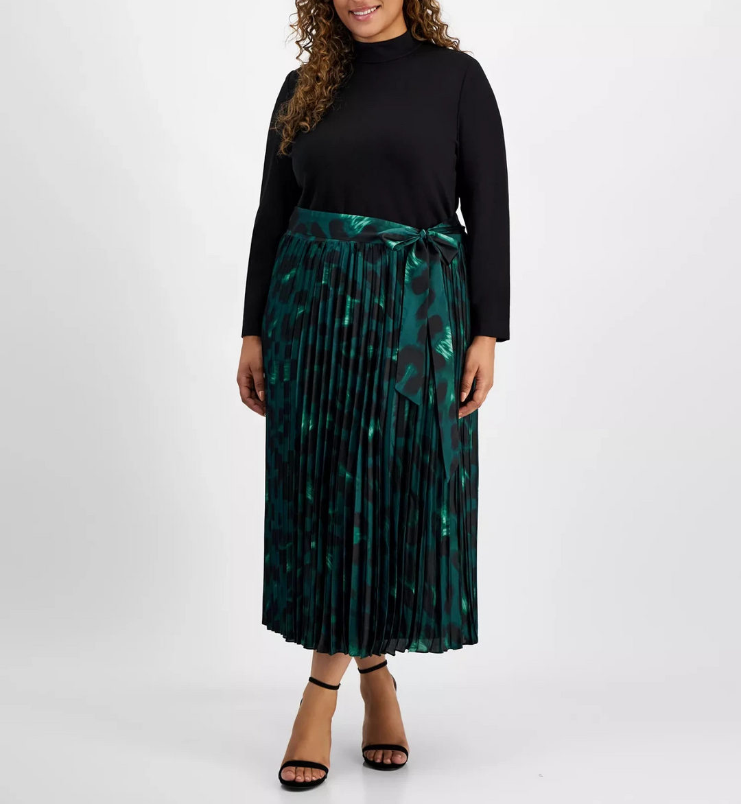 Anne Klein Plus Size Mixed-Media Pleated Midi Dress MSRP $159