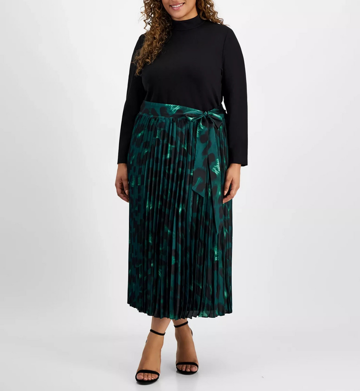 Anne Klein Plus Size Mixed-Media Pleated Midi Dress MSRP $159