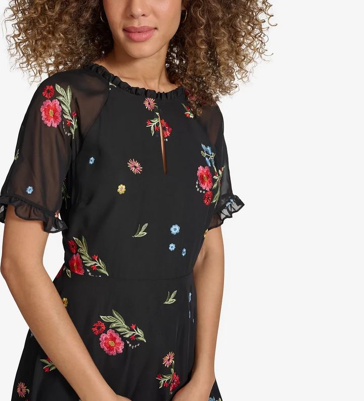 kensie Embroidered Chiffon Back-Cutout Dress MSRP $128