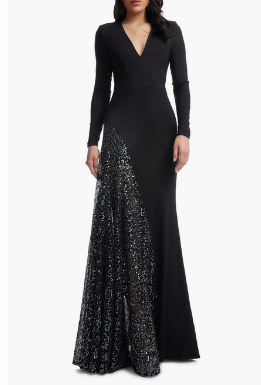 Dress the Population Winnie Sequin Panel Long Sleeve Gown MSRP $428