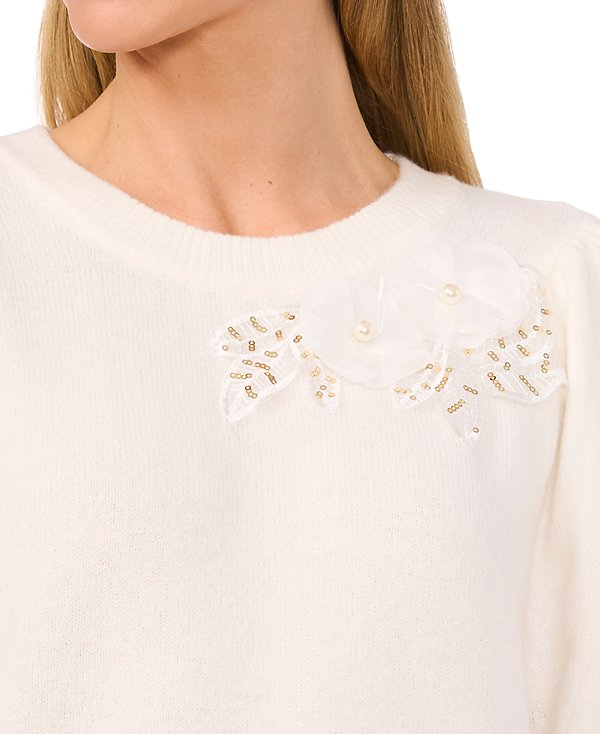 CeCe Women's Embellished Puff-Sleeve Crewneck Sweater MSRP $79
