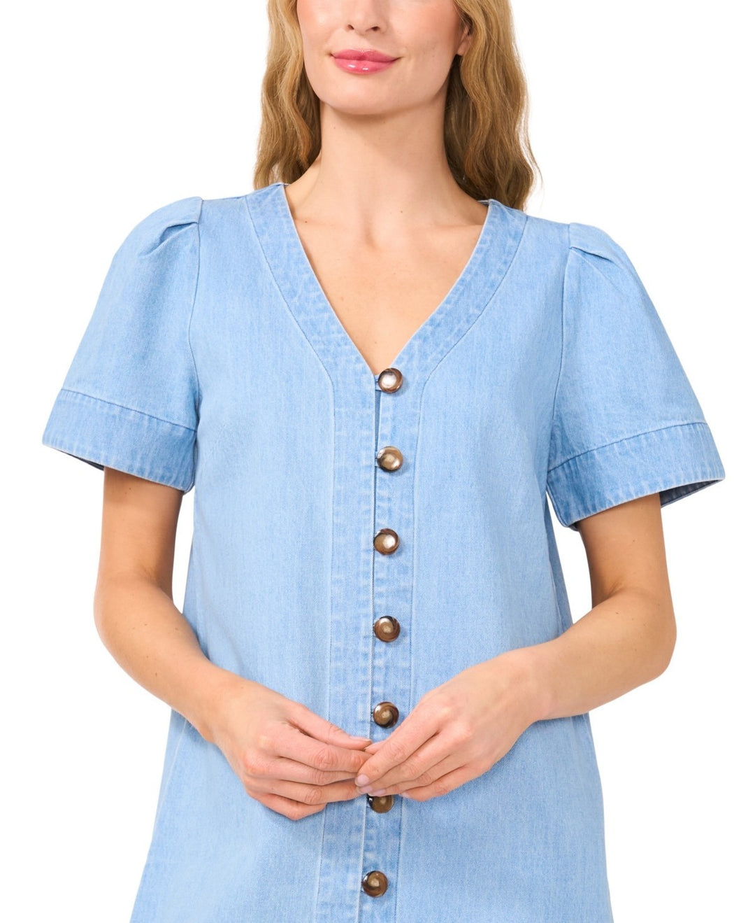 CeCe Short Sleeve Button Front V-Neck Denim Dress MSRP $119