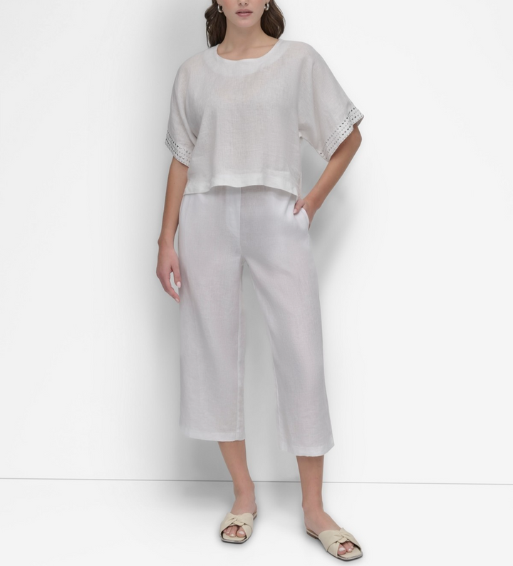 DKNY Women's Cropped Short-Sleeve Studded Linen Top MSRP $89