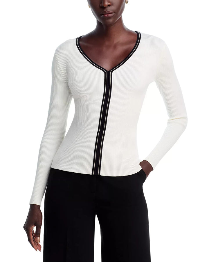 T Tahari Long Sleeve V Neck Striped Ribbed Sweater MSRP $68
