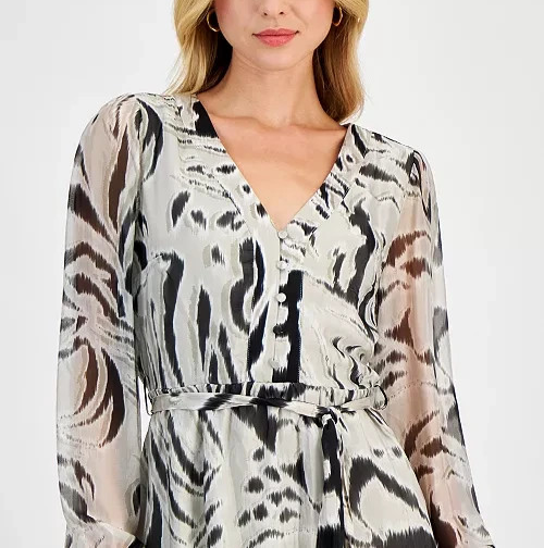 GUESS Marcelle V-Neck Tie-Waist Chiffon Dress MSRP $188