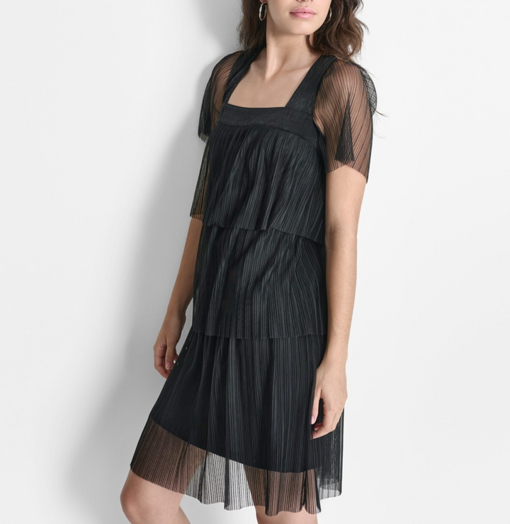 Dkny Women's Square-Neck Sheer-Sleeve Tiered Dress MSRP $139