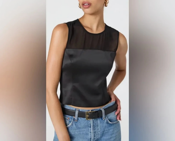 French Connection Sheer Panel Satin Sleeveless Top MSRP $98
