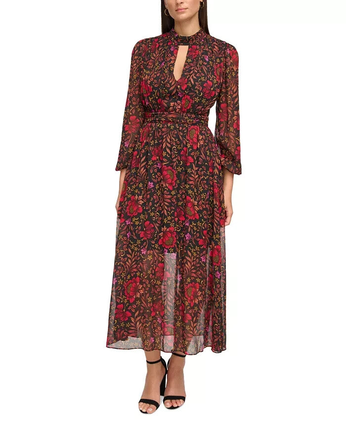 Guess Printed Chiffon Cut-Out Lace-Up Maxi Dress MSRP $148
