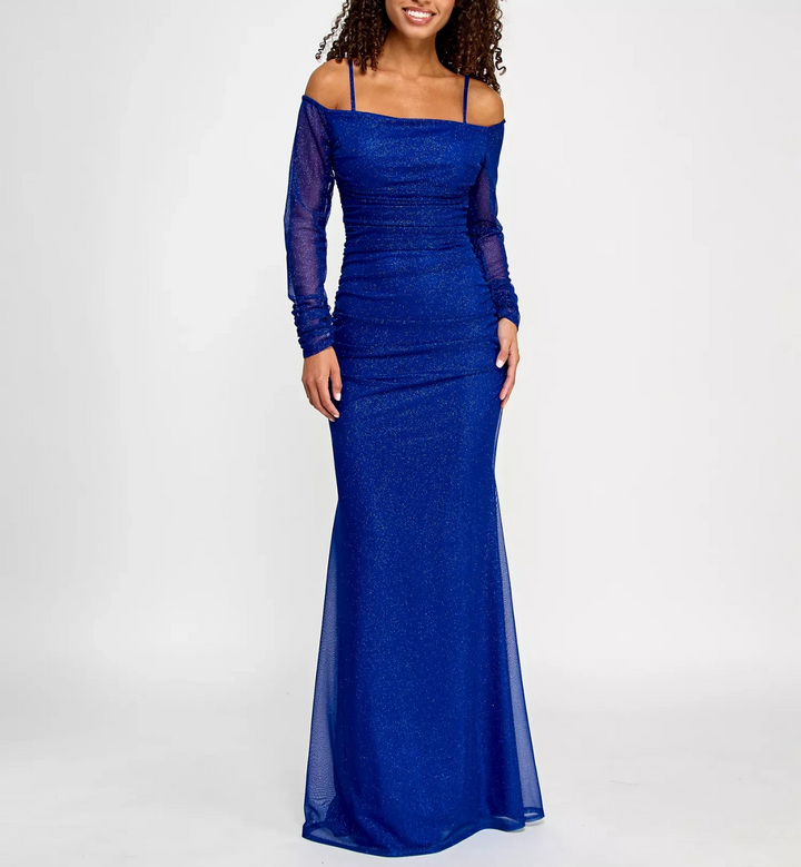 pear culture Juniors' Glitter-Mesh Ruched Off-The-Shoulder Gown MSRP $109