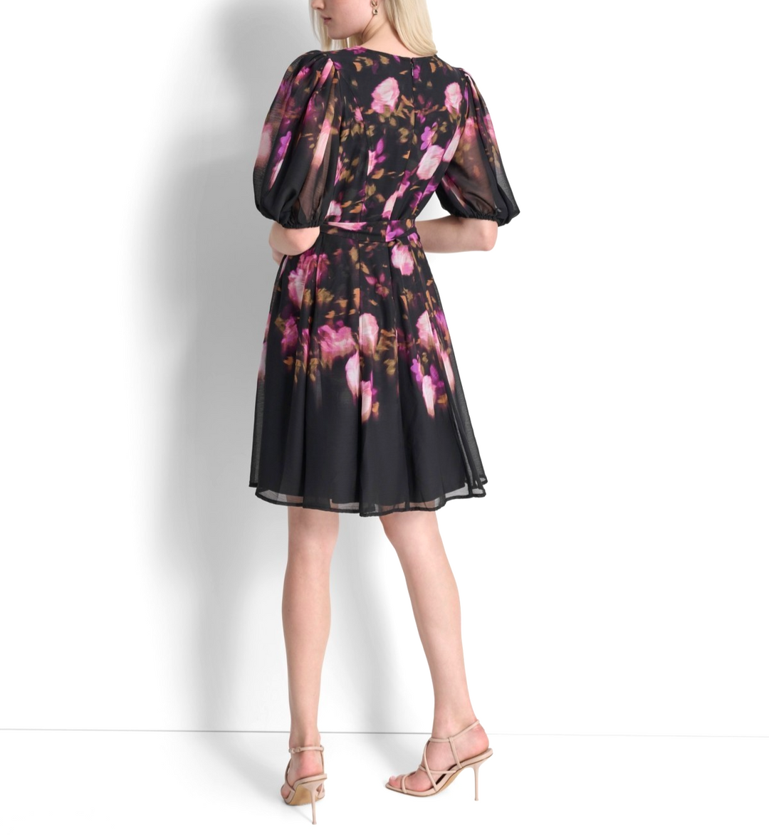 DKNY Petite Floral Tie-Waist Balloon-Sleeve Dress MSRP $139