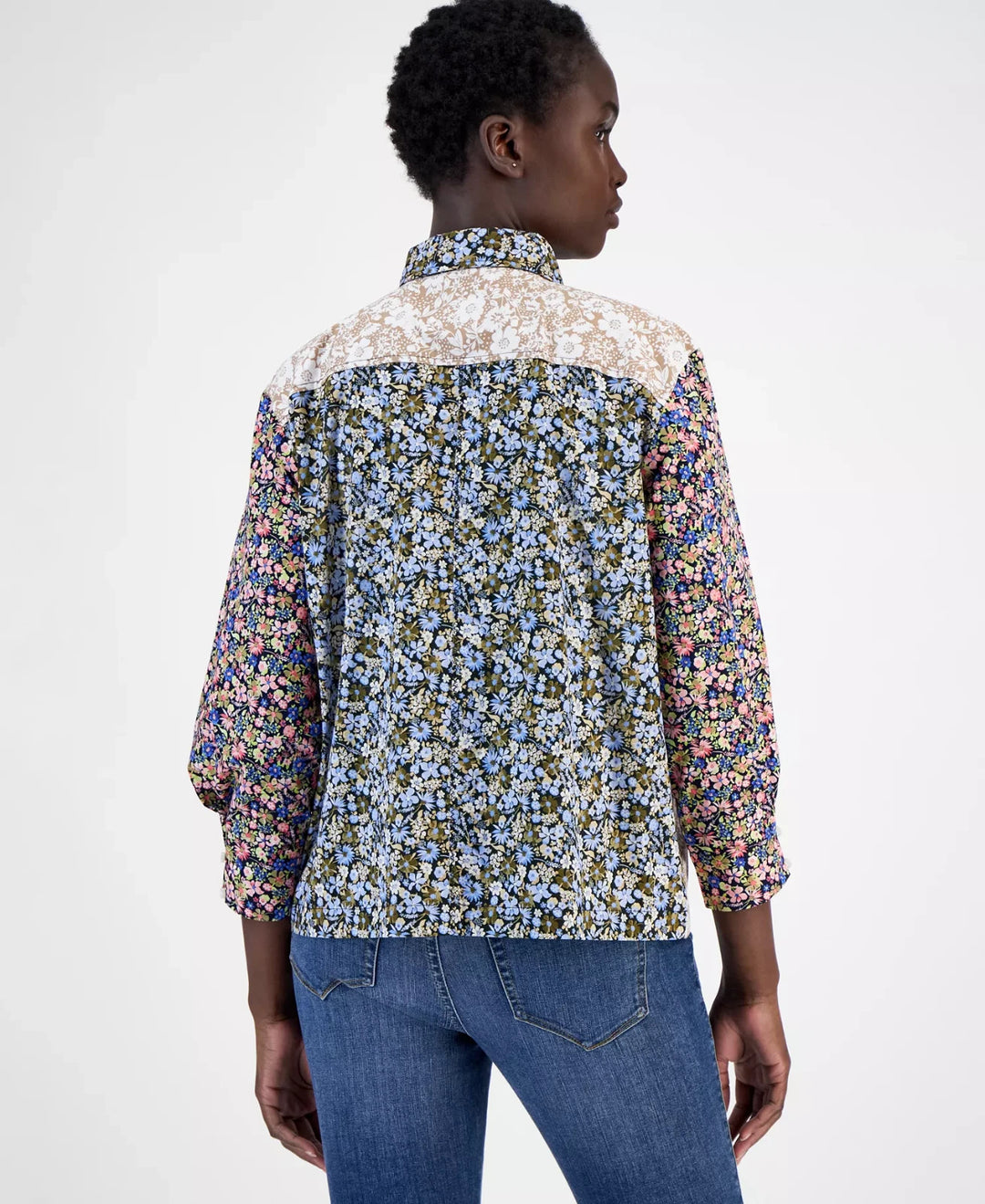 Nautica Jeans Women's Pieced Floral-Print Collared Top MSRP $69.50