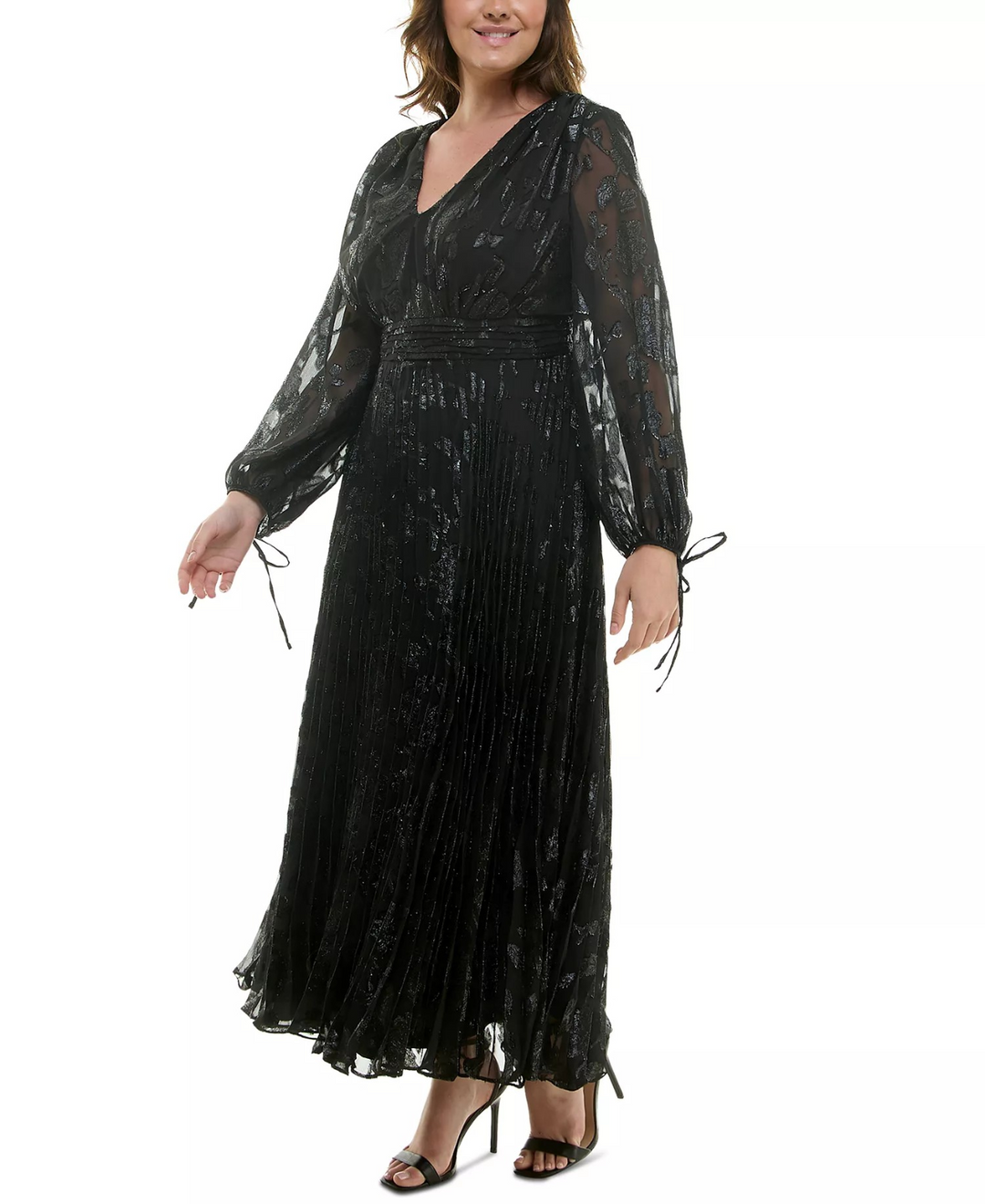 Taylor Plus Size Shimmering Floral Pleated Chiffon Maxi Dress MSRP $158