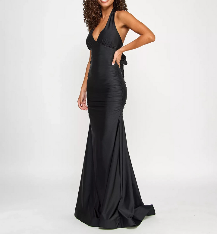 Emerald Sundae Juniors' Ruched Tie-Back Halter Gown MSRP $129