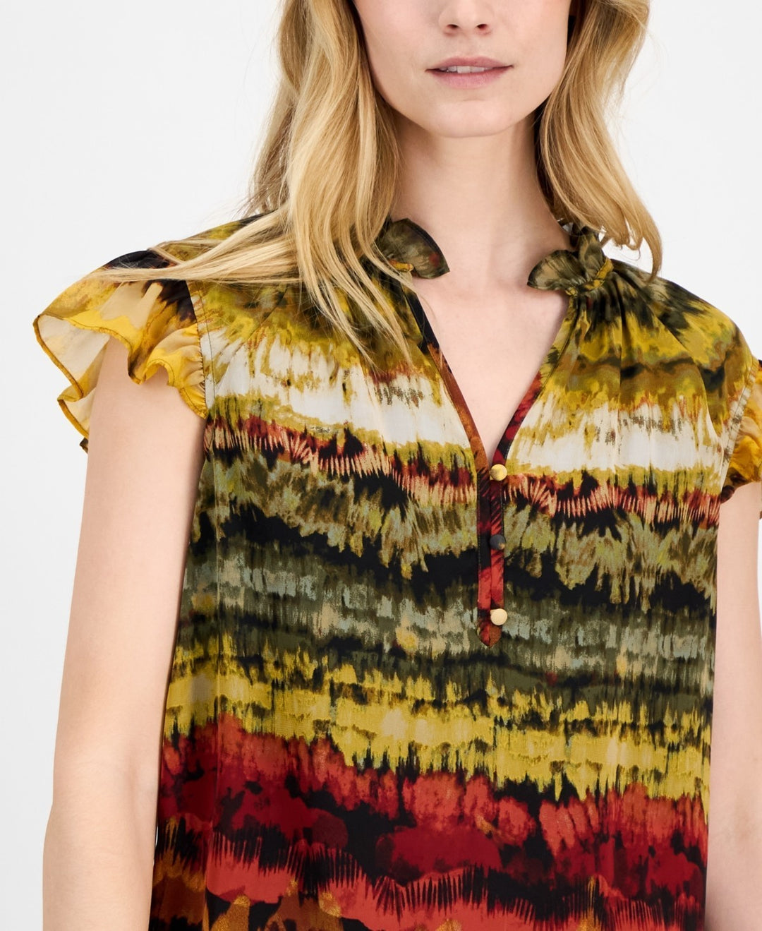Anne Klein Printed Ruffled-Neck Flutter-Sleeve Chiffon Top MSRP $79