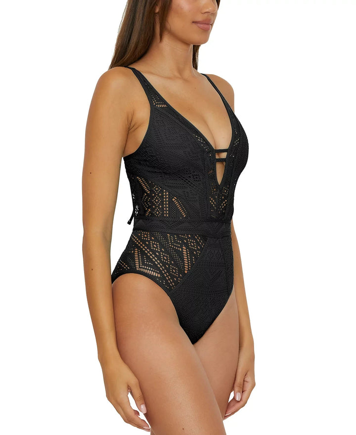 Becca Color Play Crochet Plunge-Neck One-Piece Swimsuit MSRP $128