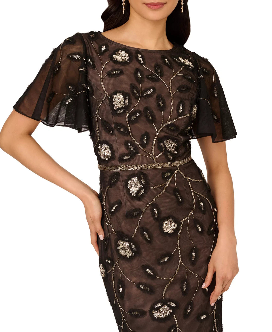 Adrianna Papell Embellished Flutter-Sleeve Sheath Dress MSRP $299