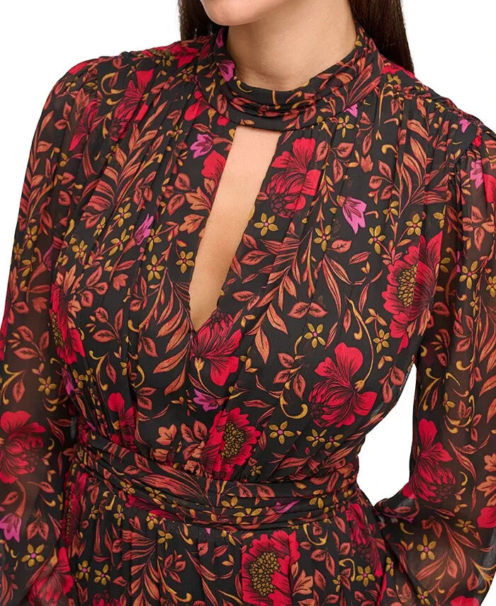 Guess Printed Chiffon Cut-Out Lace-Up Maxi Dress MSRP $148