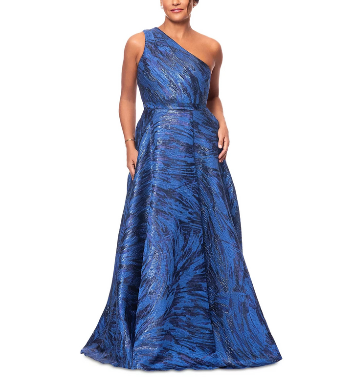 XSCAPE One-Shoulder Metallic Jacquard Gown MSRP $349