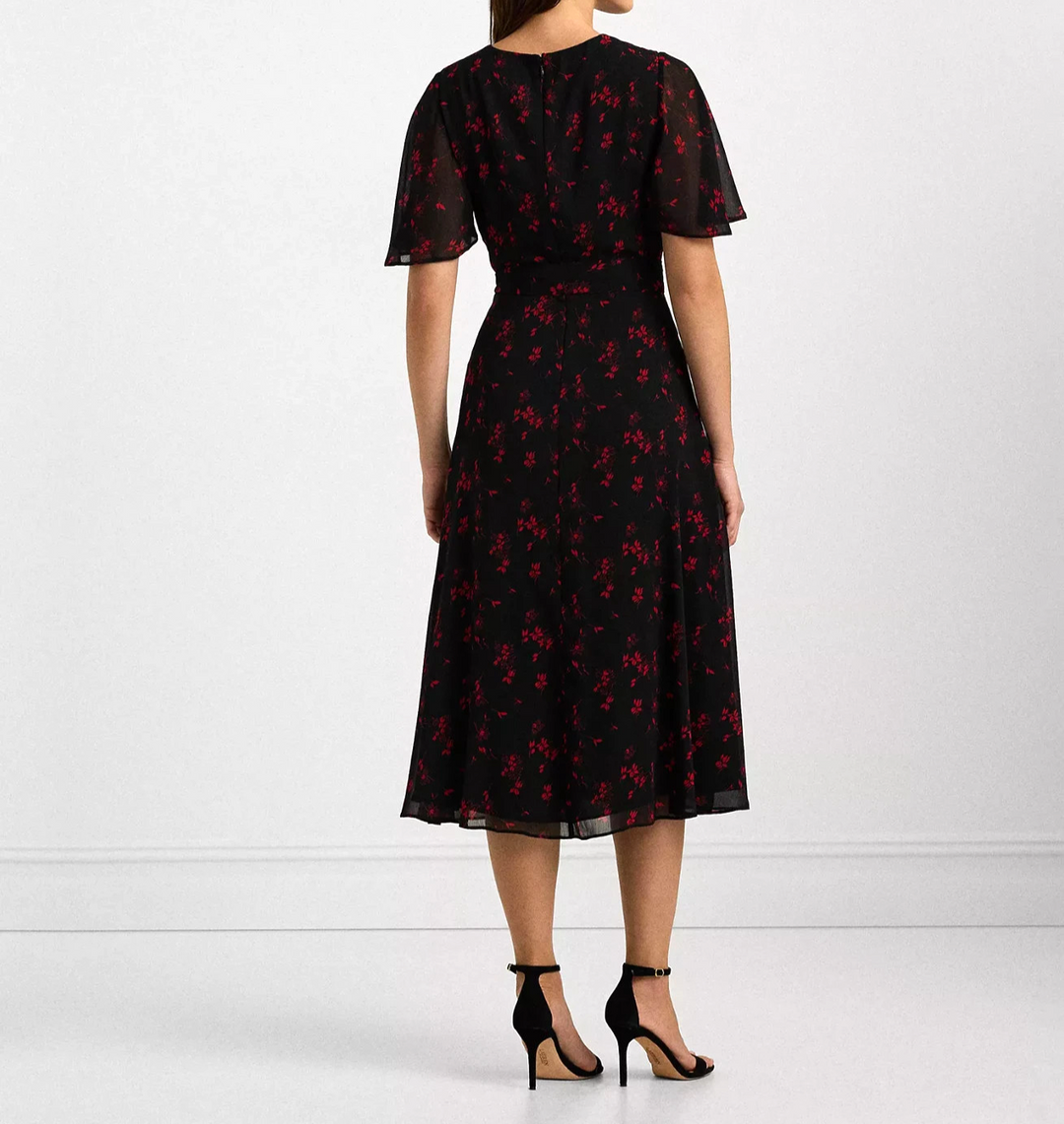 Lauren Ralph Lauren Floral Belted Crinkle Georgette Dress MSRP $ 145