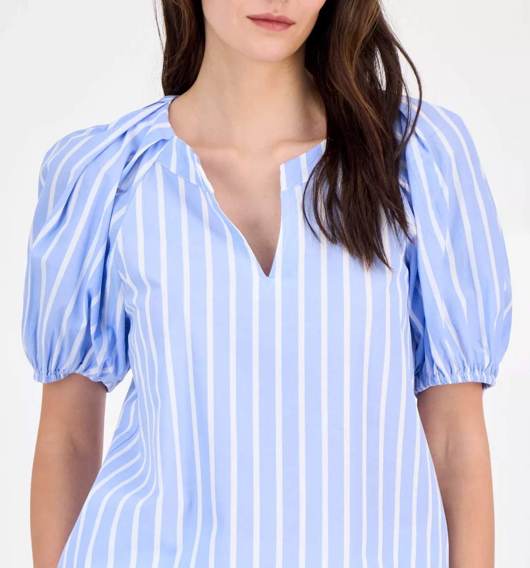 Anne Klein Women's Cotton Poplin Striped Puff-Sleeve Blouse MSRP $79