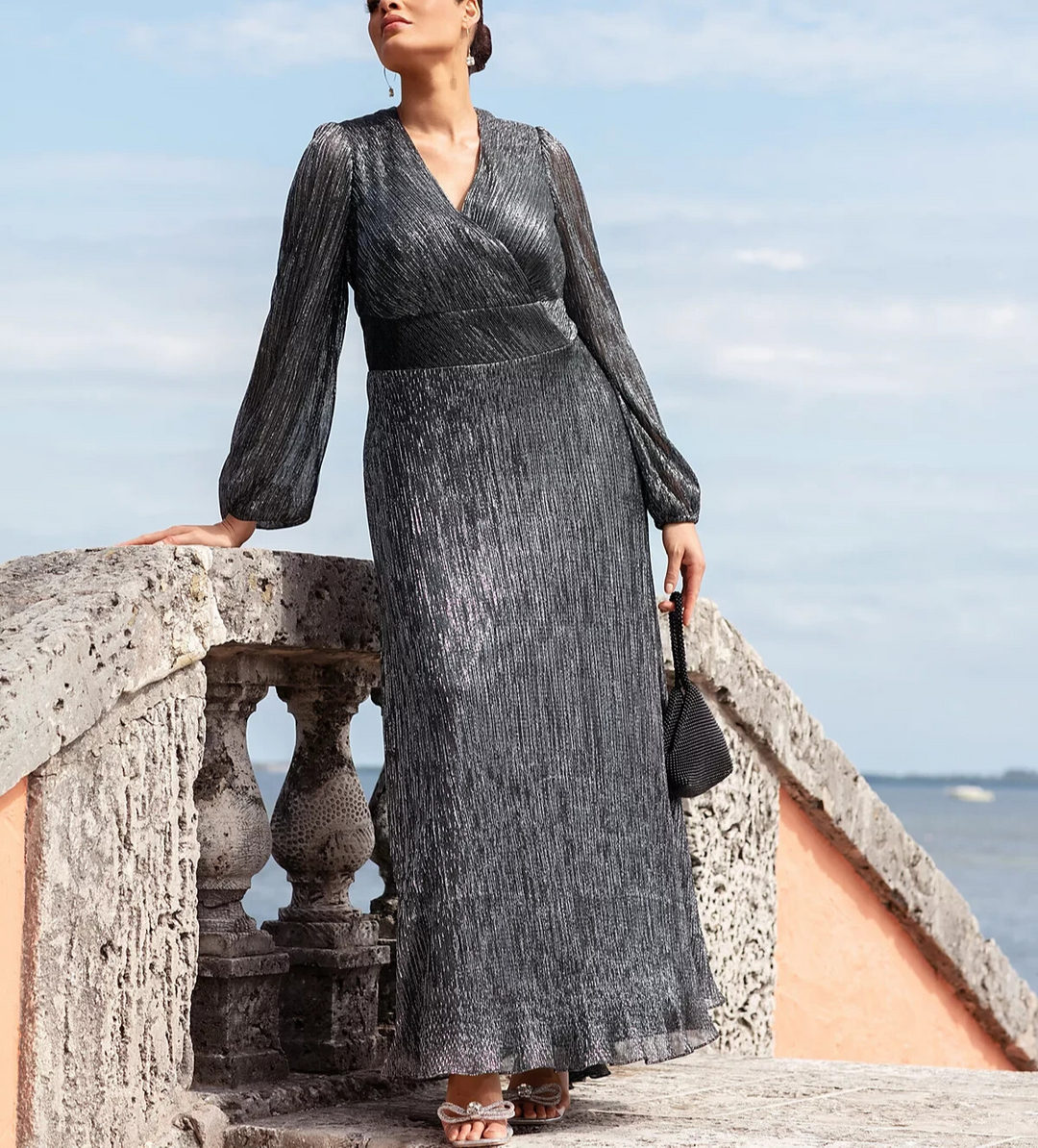 Betsy & Adam Plus Size Metallic Long-Sleeve Gown MSRP $309