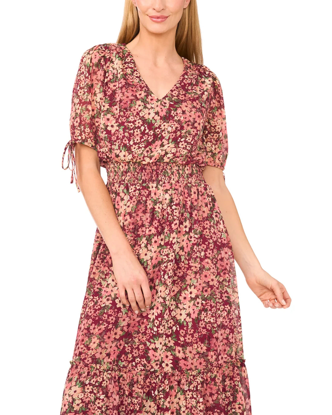 CeCe Women's Smocked Waist V-Neck Dress MSRP $99