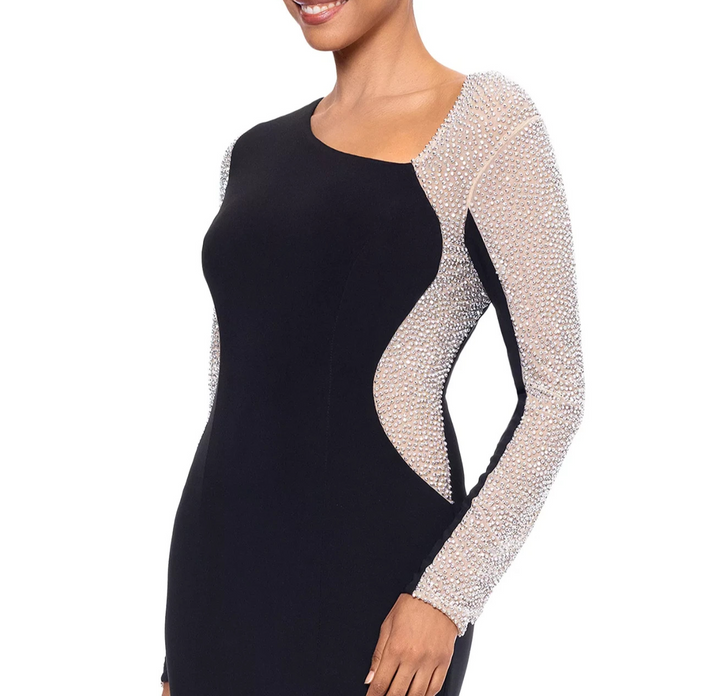 XSCAPE Asymmetrical Rhinestone-Mesh-Sleeve Gown MSRP $289
