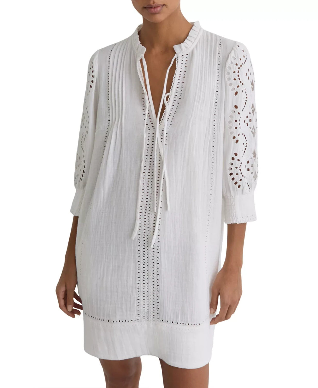 REISS Cotton Cheesecloth Broderie Mini Dress MSRP $265