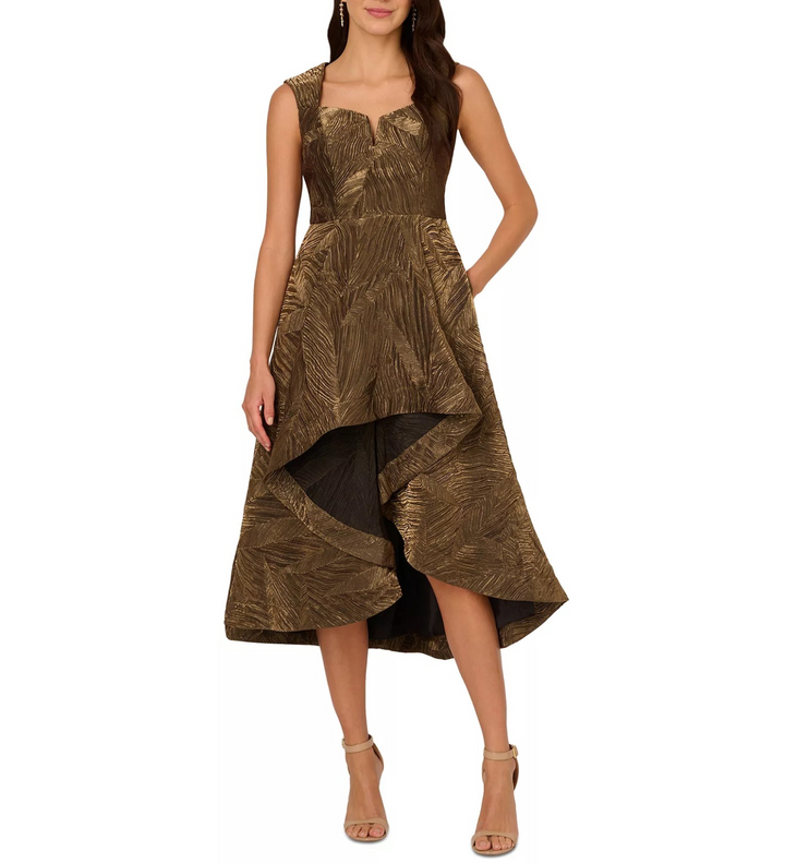 Adrianna Papell Women's Notch-Neck High-Low-Hem Metallic Gold Dress MSRP $249