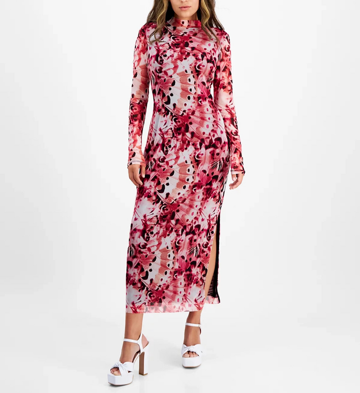Bar III Petite Printed Mesh Mock-Neck Midi Dress MSRP $59